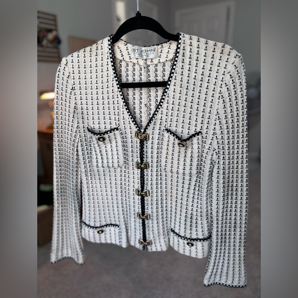 Vintage St. John by Marie Gray Chic Black and White Tweed zip up cardigan